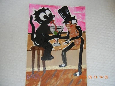 ACEO Felix the cat and Mr peanut drinking martini Original acrylic on paper - Image 1 of 4