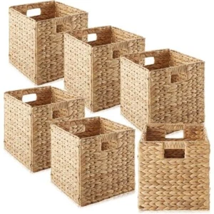 10.5" x 10.5" Water Hyacinth Storage Baskets Set of 6 Collapsible Cube Organizer - Picture 1 of 7