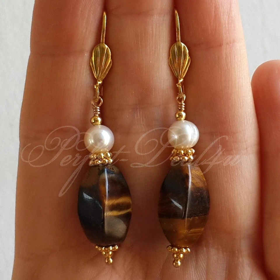 Pendientes con cierre de palanca enchapados en oro perlas blancas piedra ojo de tigre marrón Foto 1 de 1