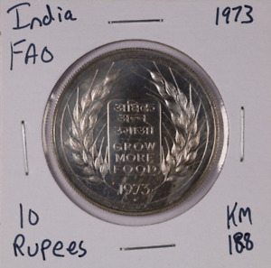 1973 India 10 Rupees Silver Proof Coin - F.A.O.  Grow More Food