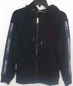Calvin Klein Women's LG Long Sleeved Zip-Up Large Black Hooded Sweatshirt Logo - Picture 1 of 7