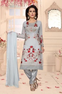 Bollywoood Designer Wedding Metallic Grey w/Red & Gold Work Kurti Palazzo Set - Picture 1 of 4