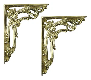 Par de soportes de estante de pared de hoja de desplazamiento de latón liso de 6" / 15 cm - soportes antiguos - Imagen 1 de 5