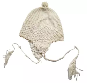 Childs Handmade Winter Knit Hat Vintage Beanie Bonnet with Ear Flaps and Tassels - Picture 1 of 20
