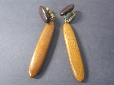 Vintage 3" Two Tone Wooden Dangle Clip-On Earrings - Image 1 of 4
