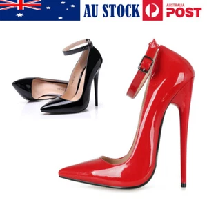 NEW SEXY WOMEN'S 6.3" HIGH HEEL STILETTO POINTED ANKLE STRAP SHOES RED BLACK - Picture 1 of 6