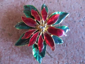 LIA Enameled Poinsettia Pin, Red/Green on Gold Tone Base w/Signature - Picture 1 of 3