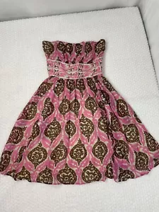 Vestido Plenty Tracy Reese Talla 2 Ajuste y Llamaradas Sin tirantes Rosa Marrón Geométrico - Imagen 1 de 11