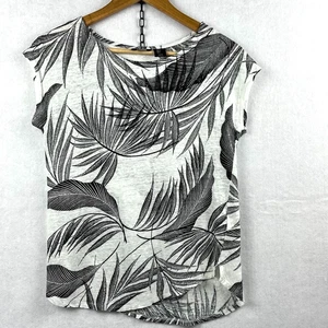 Tahari Women's M Black & White Short Sleeve Linen Top Palm Tree Tropical Beach - Picture 1 of 4