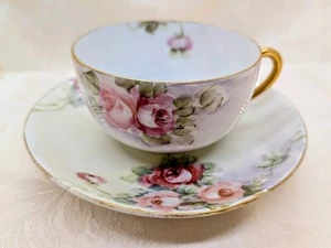 Juego de tazas de té y platillos pintados a mano firmados de colección rosas rosadas rubor | detalles dorados - Imagen 1 de 17