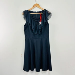 Hell Bunny Fit & Flare Dress Lace Up Front Sheer Flutter Sleeves Black L - Bild 1 von 21