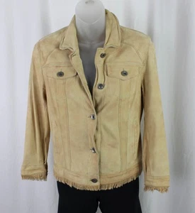Jakett Tan 100% Suede Leather Full Button Close Fringe Long Sleeve Jacket XS - Picture 1 of 4