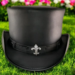 Men Black Leather Top Hat Gothic Steampunk Victorian Costume Festival Party Hat - Picture 1 of 3