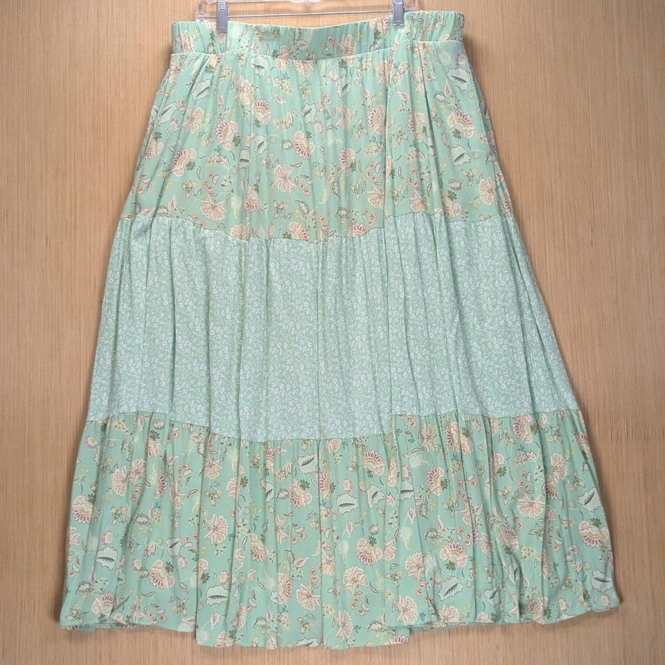 Maxi Falda Tórrida En Niveles Floral Cottagecore Boho Cintura Elástica Verde Para Mujer 2X Foto 1 de 4