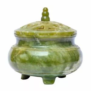Jade Stone Nepal Tibetan Buddhist Round Incense Burner Stand w Lid Home Décor - Picture 1 of 5