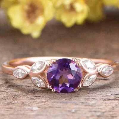 2Ct Round Lab-Created Amethyst Marquise CZ Split Shank Ring 14K Rose Gold Plated - Image 1 of 4