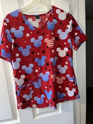 Disney Mickey Mouse Patriotic Stars V Neck Medical Scrub Top Women's Small - Image 1 of 3