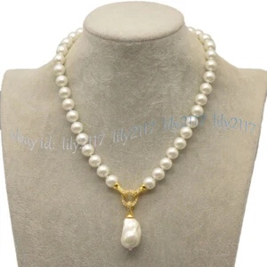 8/10/12/14mm White South Sea Shell Pearl Round Beads Baroque Pendant Necklace