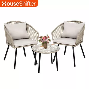 3 PCS Outdoor Gray Conversation Bistro Set Patio Wicker Balcony Chair & Table - Picture 1 of 11