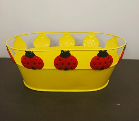 Bright Yellow And Red Metal Ladybug Beetle Basket / About 13½"x8"x5" Cover