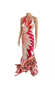 Roberto Cavalli S/S 2004 Plunging Cutout Ruffle Train Silk Evening Dress Gown - Picture 1 of 13