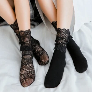 Women Transparent Lace Socks Mesh Fishnet Frilly Ruffle Cute Lolita Long Socks - Picture 1 of 21