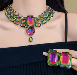 Amazing Square AB Jewels RAINBOW Rhinestone Betsey Johnson Necklace Earrings Set - Picture 1 of 21