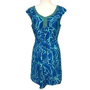 Adrianna Papell Vacation Tropical Sleeveless Beaded Neckline Dress 10 w/Pockets - Picture 1 of 11