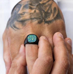 Opal Men's Ring, 925 Sterling Silver Ring, Black Signet Handmade Wedding Ring - Picture 1 of 6