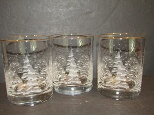 Winter White FROSTED TREES Set of 3 DOF ROCK 4" Glasses Gold Trim - Picture 1 of 6