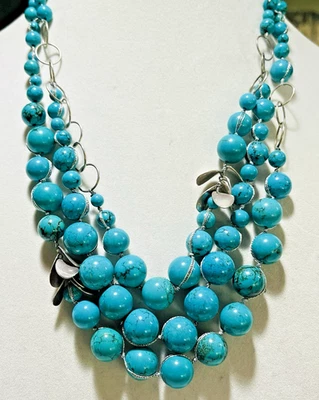 Coldwater Creek Turquesa Teñido Howlita Cuentas Multihilo Collar Placa Plata Foto 1 de 4