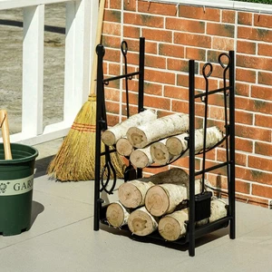 Soporte de leña de 18" para chimenea de 2 niveles con póquer, pinzas y ganchos - Imagen 1 de 11