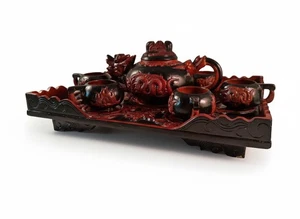 Vintage Yixing-Stil Drache Teeservice MOP Inlay Zinnober Rot Harz 6 Stück - Bild 1 von 22