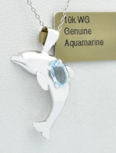GENUINE 0.68 Cts AQUAMARINE DOLPHIN PENDANT 10k WHITE GOLD - Free Certificate - Picture 1 of 4