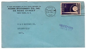 Sc# 853 ACORN Stationary Co 55 Rose St NY NY Jan 3 1941 - Picture 1 of 3