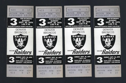 VINTAGE 1979 DENVER BRONCOS @ OAKLAND RAIDERS FULL FOOTBALL TICKETS LOT OF 4 Cover
