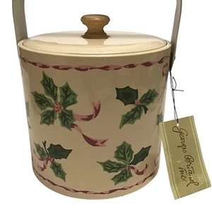 Vtg Georges Briard Ice Bucket Mid Century Modern Tan Holly Berry Vinyl w Tag - Picture 1 of 10