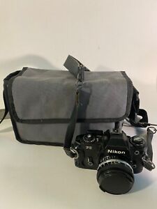 Nikon FG 35mm SLR Film Camera + Nikon Series E 50mm 1.8 Lens Black w/ Grey Bag