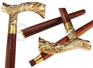 Bastone da passeggio vintage in legno manico ottone design vittoriano canna marrone fatto a mano - Foto 1 di 7