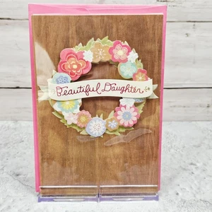 Hallmark Geburtstag Grußkarte 5x7 Tochter von Papa Holzmaserung Blumenkranz - Bild 1 von 8