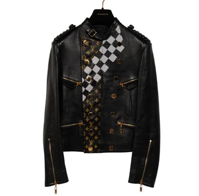 Louis Vuitton Womens Leather Jacket Size FR 34 Black Gold Monogram Checkered - Image 1 of 4