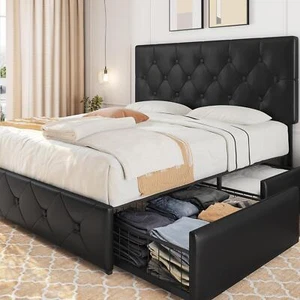 Queen Upholstered Storage Bed Frame 4 Drawers Adjustable Headboard Faux Leather - Picture 1 of 6
