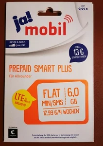 Prepaid Smart Plus Karte ja! mobil mit Startguthaben 13€ Flat 600Min/6GB neu - Bild 1 von 2