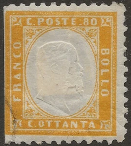 ITALIA 1862 Usado 80 C Amarillo Naranja Sass #4 Apenas Usado o Falso Cancelar Perf 11.5 - Imagen 1 de 2