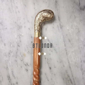 Designer Brass Knob Victorian Handle Spiral Wooden Vintage Walking Stick Cane - Picture 1 of 5
