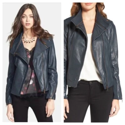 Chaqueta de moto de cuero azul verdoso SAM EDELMAN para mujer totalmente forrada talla pequeña S $575 Foto 1 de 4