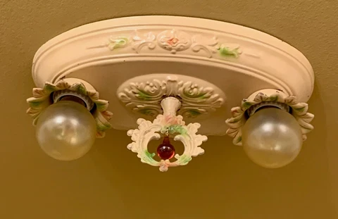 Vintage Lighting 1920s 2 bulb bedroom ceiling fixture. Original polychrome! Cover