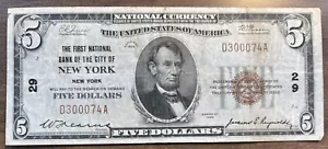 1929 Five Dollar Bill National Currency $5 Note - New York NY #84996 - Picture 1 of 2