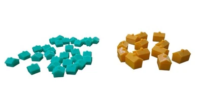 Piezas de juego de repuesto Monopoly - Lote casas verde azulado y hoteles amarillos, Star Wars Foto 1 de 2