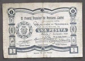 Banconota Frente Popular de Porcuna (Jaen) - Una peseta - anno 1936 - Picture 1 of 2